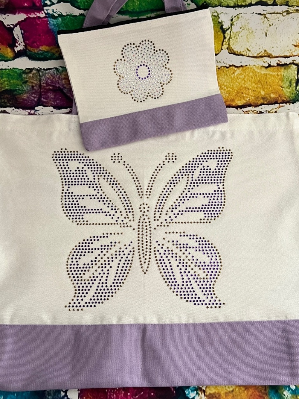 Butterfly and Flower Rhinestone Tote Bag Set [43R]